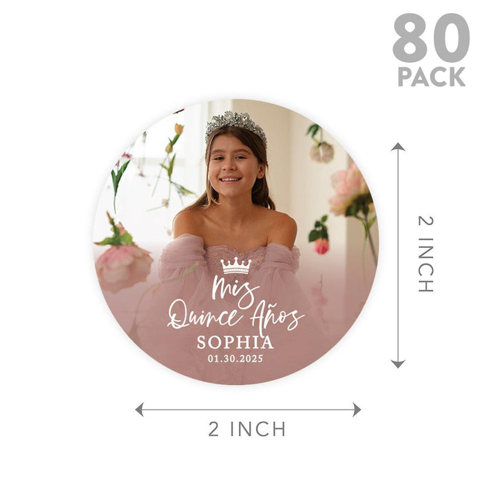 Custom Photo Round Circle Quinceañera Labels, Sticker for Sweet 15, Set of 40-Set of 40-Andaz Press-Mis Quince Anos-