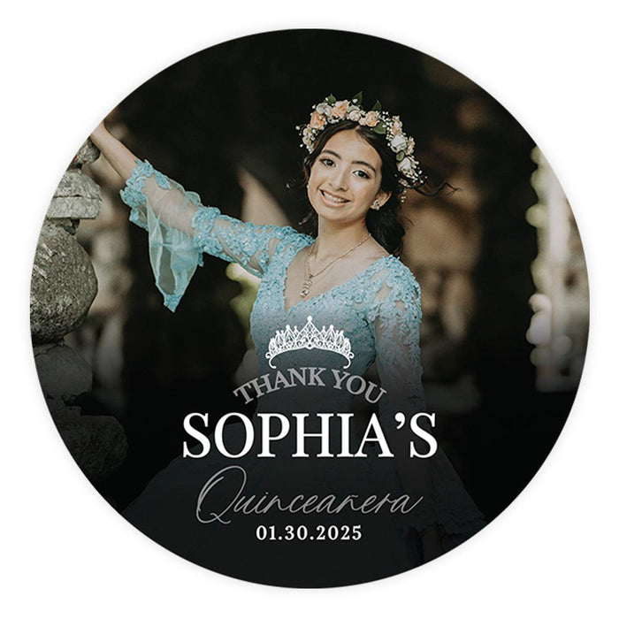 Custom Photo Round Circle Quinceañera Labels, Sticker for Sweet 15, Set of 40-Set of 40-Andaz Press-Thank You with Crown-