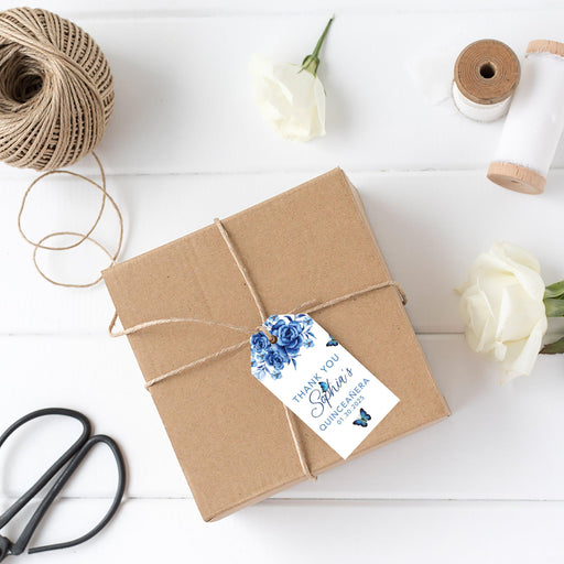 Custom Quinceañera Favor Tags with String, Classic Thank You Gift Tags for Sweet 15-Set of 40-Andaz Press-Blue Butterflies & Florals-