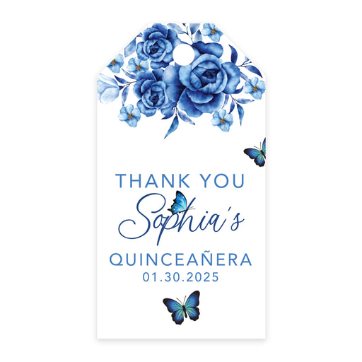 Custom Quinceañera Favor Tags with String, Classic Thank You Gift Tags for Sweet 15-Set of 40-Andaz Press-Blue Butterflies & Florals-