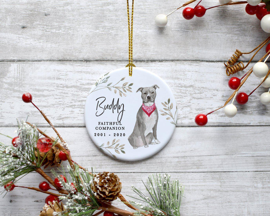 Custom Round Ceramic Christmas Dog Memorial Ornament, Faithful Companion, Design 1-Set of 1-Andaz Press-American Staffordshire Terrier-