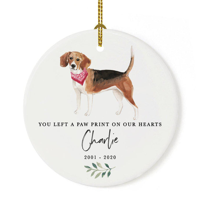 Custom Round Ceramic Christmas Dog Memorial Ornament, You Left A Paw Print On Our Hearts, Design 1-Set of 1-Andaz Press-Beagle-