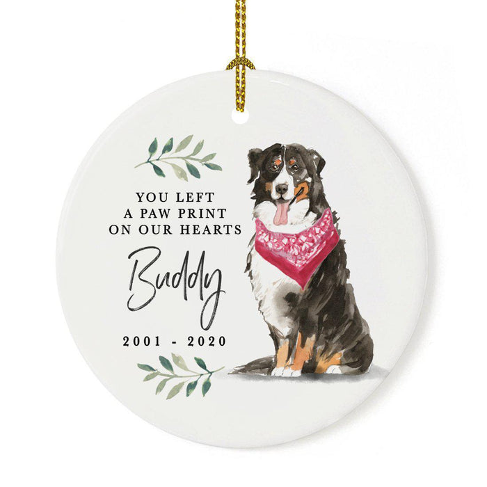Custom Round Ceramic Christmas Dog Memorial Ornament, You Left A Paw Print On Our Hearts, Design 1-Set of 1-Andaz Press-Bernese Mountain-
