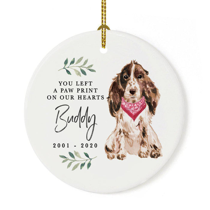 Custom Round Ceramic Christmas Dog Memorial Ornament, You Left A Paw Print On Our Hearts, Design 1-Set of 1-Andaz Press-Brown Cocker Spaniel-