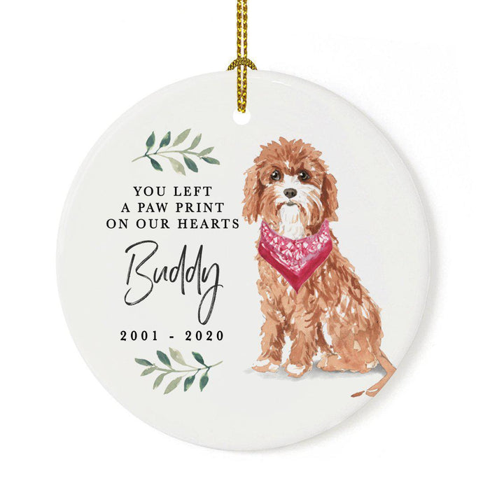 Custom Round Ceramic Christmas Dog Memorial Ornament, You Left A Paw Print On Our Hearts, Design 1-Set of 1-Andaz Press-Cavapoo-