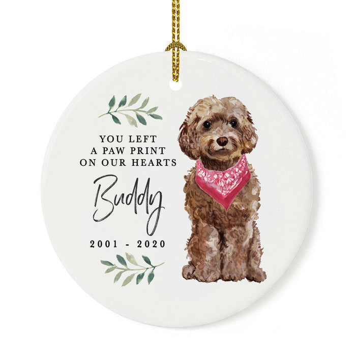 Custom Round Ceramic Christmas Dog Memorial Ornament, You Left A Paw Print On Our Hearts, Design 1-Set of 1-Andaz Press-Cockapoo Brown-