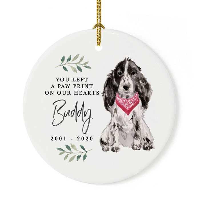 Custom Round Ceramic Christmas Dog Memorial Ornament, You Left A Paw Print On Our Hearts, Design 1-Set of 1-Andaz Press-Cocker Spaniel-