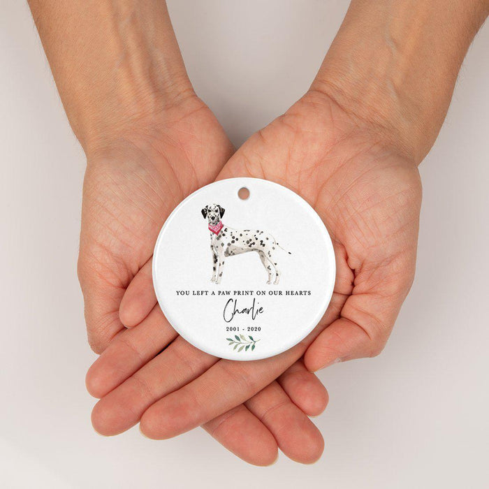 Custom Round Ceramic Christmas Dog Memorial Ornament, You Left A Paw Print On Our Hearts, Design 2-Set of 1-Andaz Press-Dalmatian-