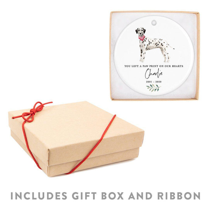 Custom Round Ceramic Christmas Dog Memorial Ornament, You Left A Paw Print On Our Hearts, Design 2-Set of 1-Andaz Press-Dalmatian-