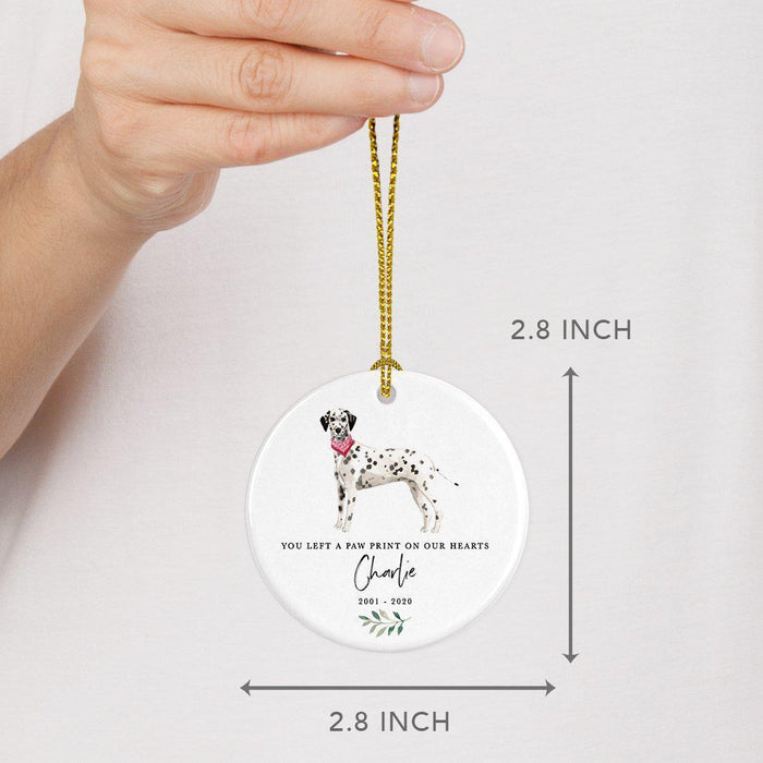 Custom Round Ceramic Christmas Dog Memorial Ornament, You Left A Paw Print On Our Hearts, Design 2-Set of 1-Andaz Press-Dalmatian-
