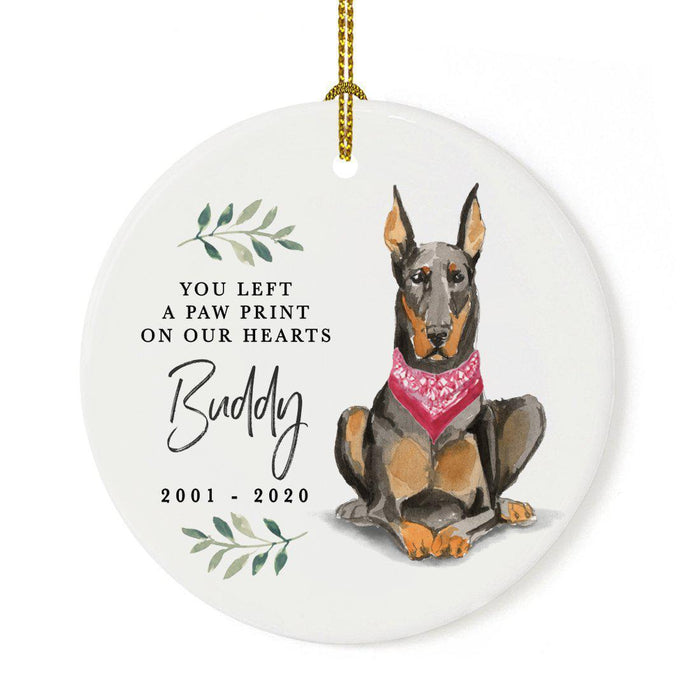 Custom Round Ceramic Christmas Dog Memorial Ornament, You Left A Paw Print On Our Hearts, Design 2-Set of 1-Andaz Press-Doberman-