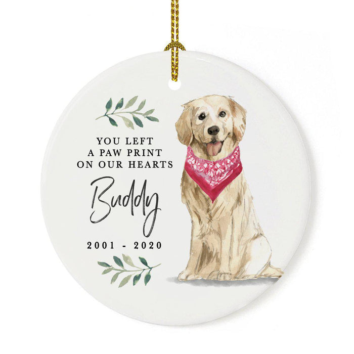 Custom Round Ceramic Christmas Dog Memorial Ornament, You Left A Paw Print On Our Hearts, Design 2-Set of 1-Andaz Press-Golden Retriever-