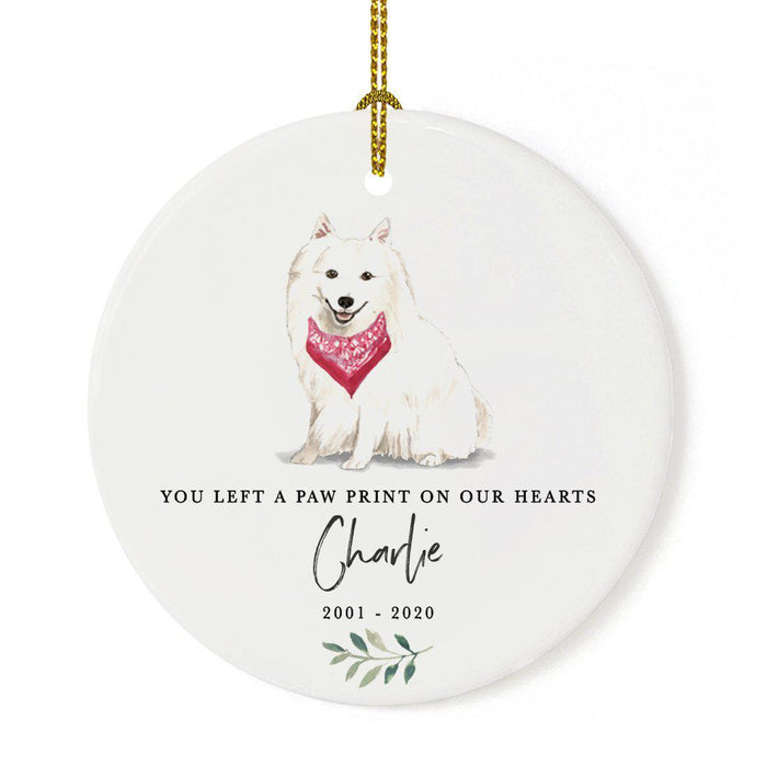 Custom Round Ceramic Christmas Dog Memorial Ornament, You Left A Paw Print On Our Hearts, Design 2-Set of 1-Andaz Press-Japanese Spitz-