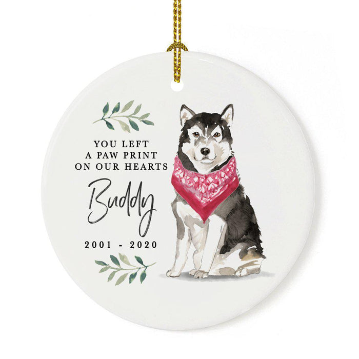 Custom Round Ceramic Christmas Dog Memorial Ornament, You Left A Paw Print On Our Hearts, Design 2-Set of 1-Andaz Press-Malamute-