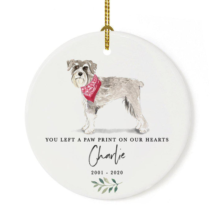 Custom Round Ceramic Christmas Dog Memorial Ornament, You Left A Paw Print On Our Hearts, Design 2-Set of 1-Andaz Press-Schnauzer-