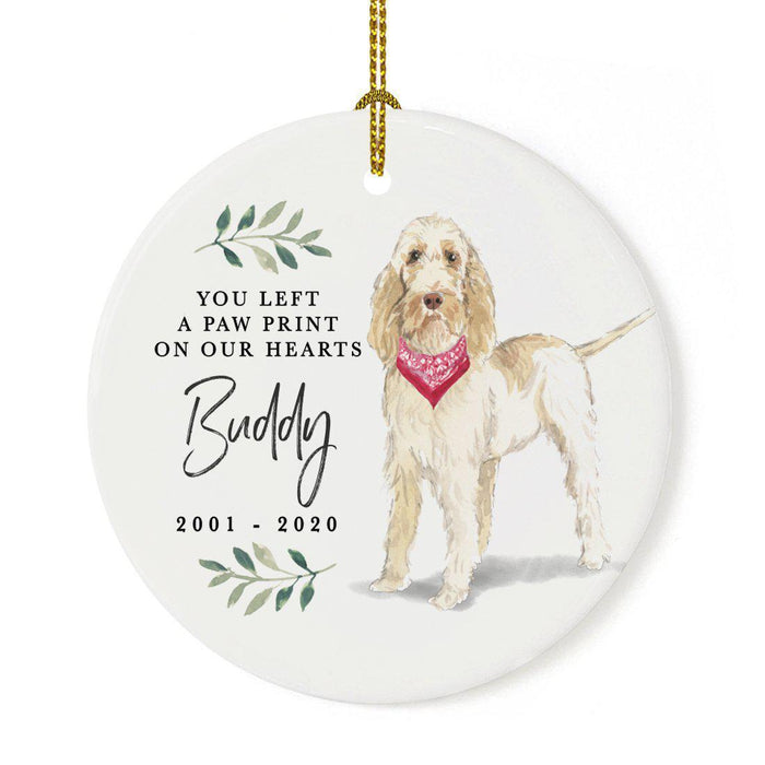 Custom Round Ceramic Christmas Dog Memorial Ornament, You Left A Paw Print On Our Hearts, Design 2-Set of 1-Andaz Press-Spinone Italiano-