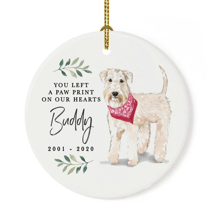 Custom Round Ceramic Christmas Dog Memorial Ornament, You Left A Paw Print On Our Hearts, Design 2-Set of 1-Andaz Press-Wheaten Terrier-