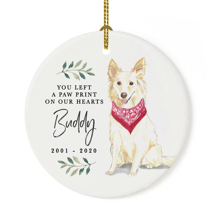 Custom Round Ceramic Christmas Dog Memorial Ornament, You Left A Paw Print On Our Hearts, Design 2-Set of 1-Andaz Press-White Collie-