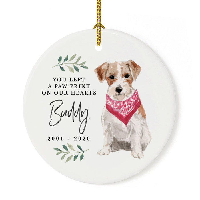 Custom Round Ceramic Christmas Dog Memorial Ornament, You Left A Paw Print On Our Hearts, Design 2-Set of 1-Andaz Press-Wire Haired Jack Russell-