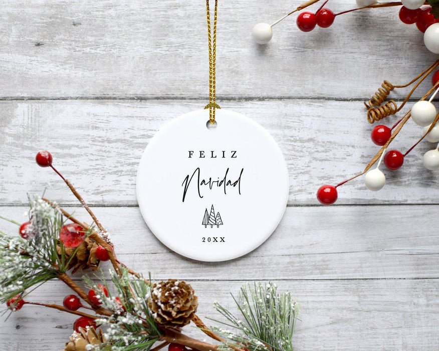 Custom Round Ceramic Porcelain Christmas Tree Ornament Engagement Handdrawn-Set of 1-Andaz Press-Feliz Navidad-