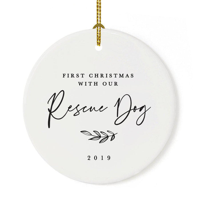 Custom Round Ceramic Porcelain Christmas Tree Ornament Engagement Handdrawn-Set of 1-Andaz Press-First Christmas With Our Rescue Dog-