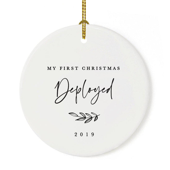 Custom Round Ceramic Porcelain Christmas Tree Ornament Engagement Handdrawn-Set of 1-Andaz Press-My First Christmas Deployed-