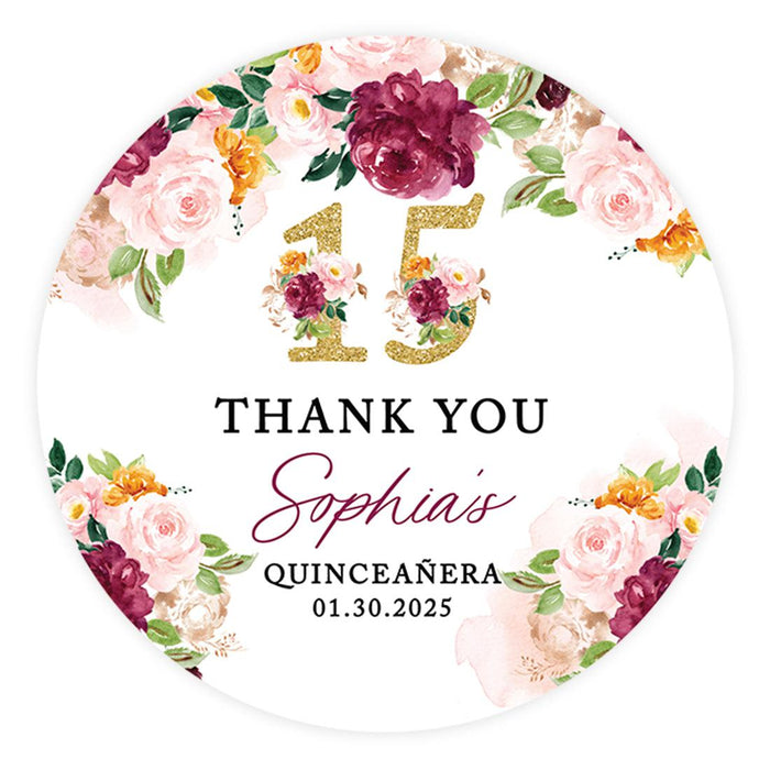 Custom Round Circle Quinceañera Labels, Sticker for Sweet 15, Set of 40-Set of 40-Andaz Press-Burgundy & Blush Florals-