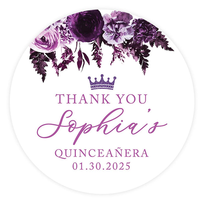 Custom Round Circle Quinceañera Labels, Sticker for Sweet 15, Set of 40-Set of 40-Andaz Press-Purple, Lavender, Lilac Flowers-