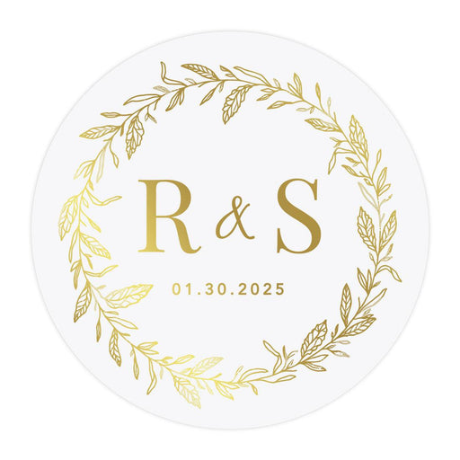 Custom Round Clear Wedding Sticker Labels with Gold Ink, Set of 40-Set of 40-Andaz Press-Monogram Wreath-
