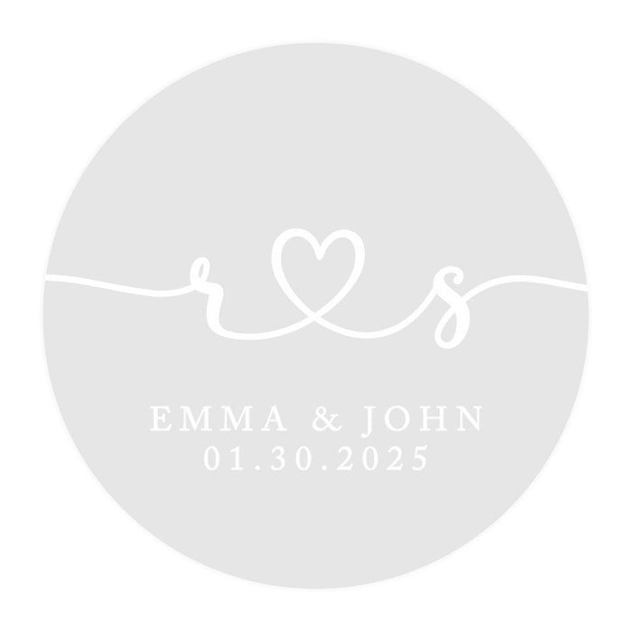 Custom Round Clear Wedding Sticker Labels with White Ink-Set of 40-Andaz Press-Monogram Heart Design-