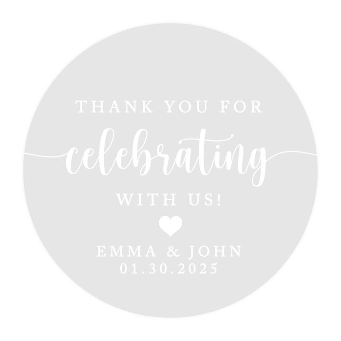Custom Round Clear Wedding Sticker Labels with White Ink-Set of 40-Andaz Press-Script Thank You For Celebrating With Us-