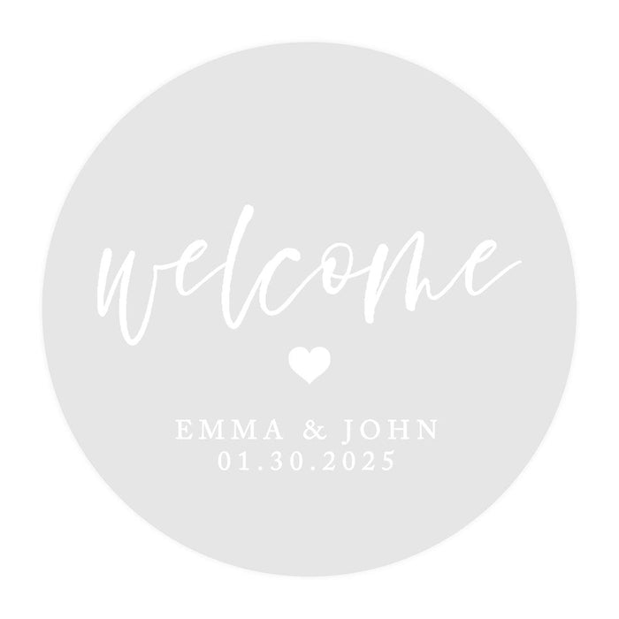 Custom Round Clear Wedding Sticker Labels with White Ink-Set of 40-Andaz Press-Welcome Heart Design-