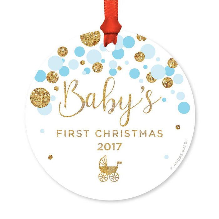 Custom Round Metal Christmas Tree Ornament, Baby's First Christmas, Includes Ribbon and Gift Bag-Set of 1-Andaz Press-Blue Dots-