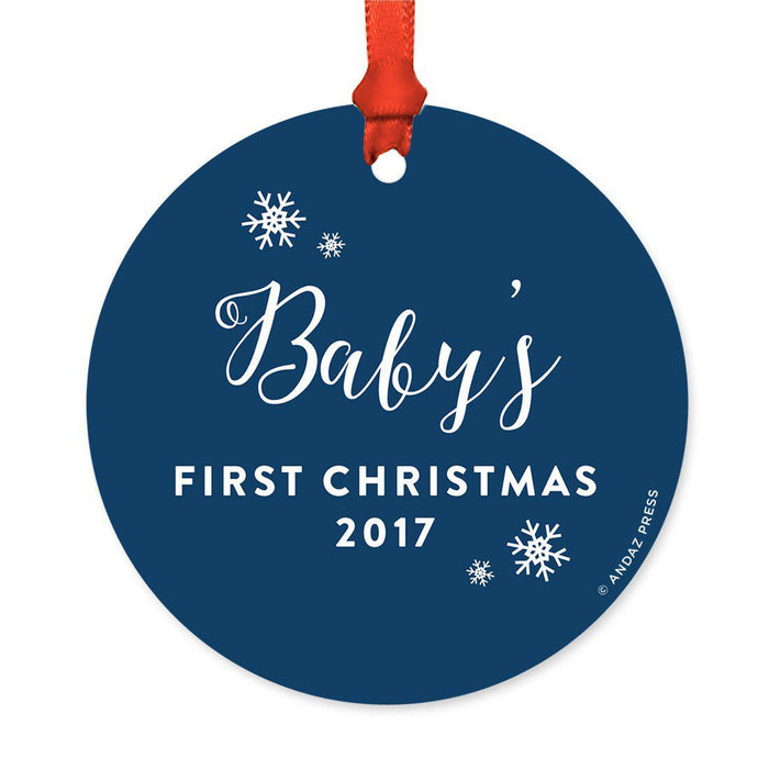 Custom Round Metal Christmas Tree Ornament, Baby's First Christmas, Includes Ribbon and Gift Bag-Set of 1-Andaz Press-Elegant Navy Blue-