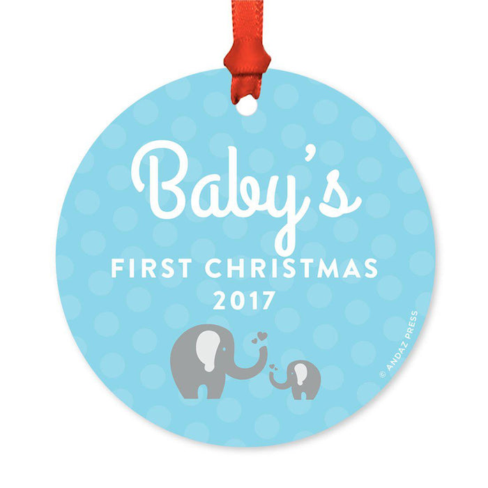 Custom Round Metal Christmas Tree Ornament, Baby's First Christmas, Includes Ribbon and Gift Bag-Set of 1-Andaz Press-Elephant Blue-