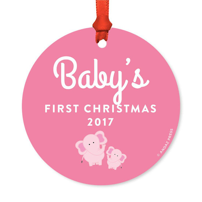Custom Round Metal Christmas Tree Ornament, Baby's First Christmas, Includes Ribbon and Gift Bag-Set of 1-Andaz Press-Elephant Pink-