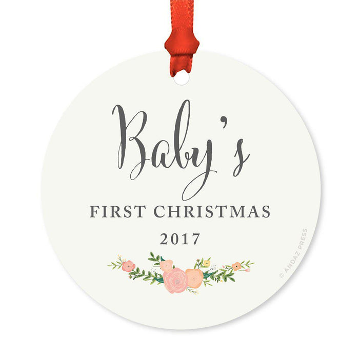 Custom Round Metal Christmas Tree Ornament, Baby's First Christmas, Includes Ribbon and Gift Bag-Set of 1-Andaz Press-Ivory Floral Roses-