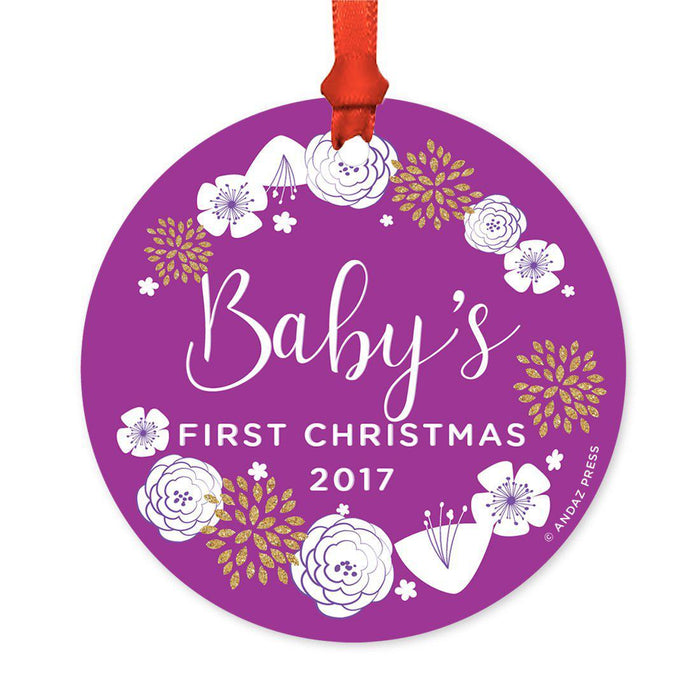 Custom Round Metal Christmas Tree Ornament, Baby's First Christmas, Includes Ribbon and Gift Bag-Set of 1-Andaz Press-Lavender Purple Floral-