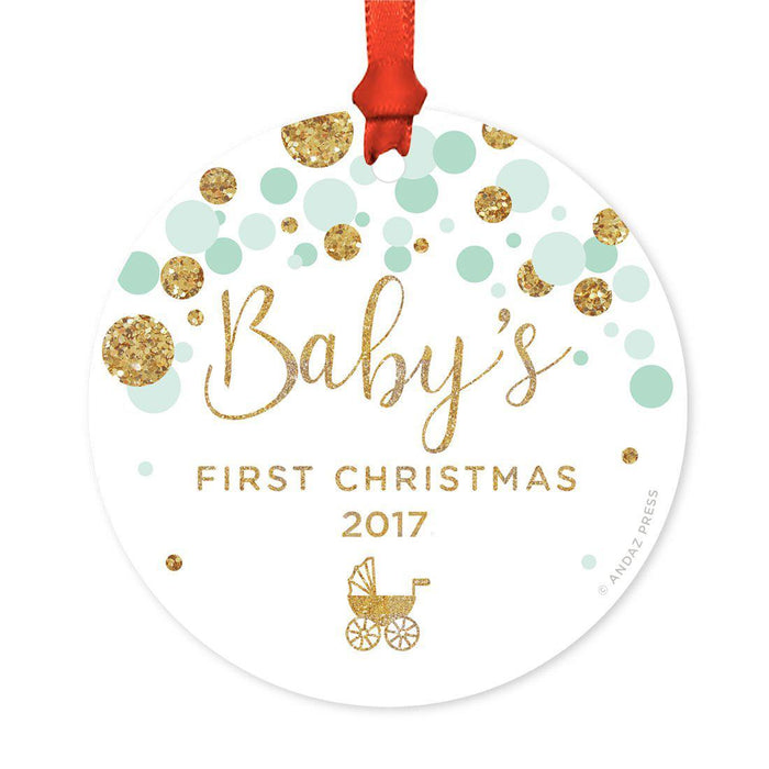 Custom Round Metal Christmas Tree Ornament, Baby's First Christmas, Includes Ribbon and Gift Bag-Set of 1-Andaz Press-Mint Green Dots-