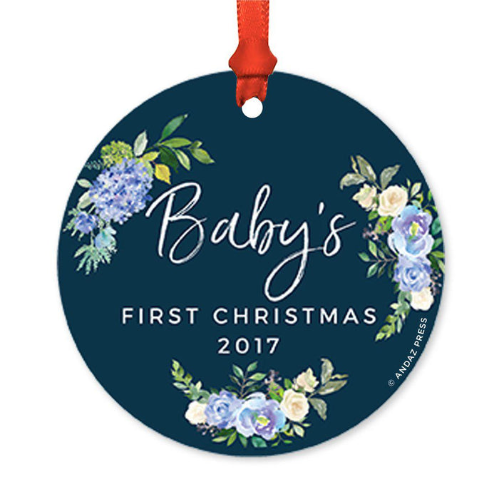 Custom Round Metal Christmas Tree Ornament, Baby's First Christmas, Includes Ribbon and Gift Bag-Set of 1-Andaz Press-Navy Blue Hydrangea Floral-