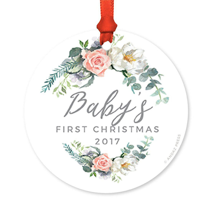Custom Round Metal Christmas Tree Ornament, Baby's First Christmas, Includes Ribbon and Gift Bag-Set of 1-Andaz Press-Peach Coral Floral-