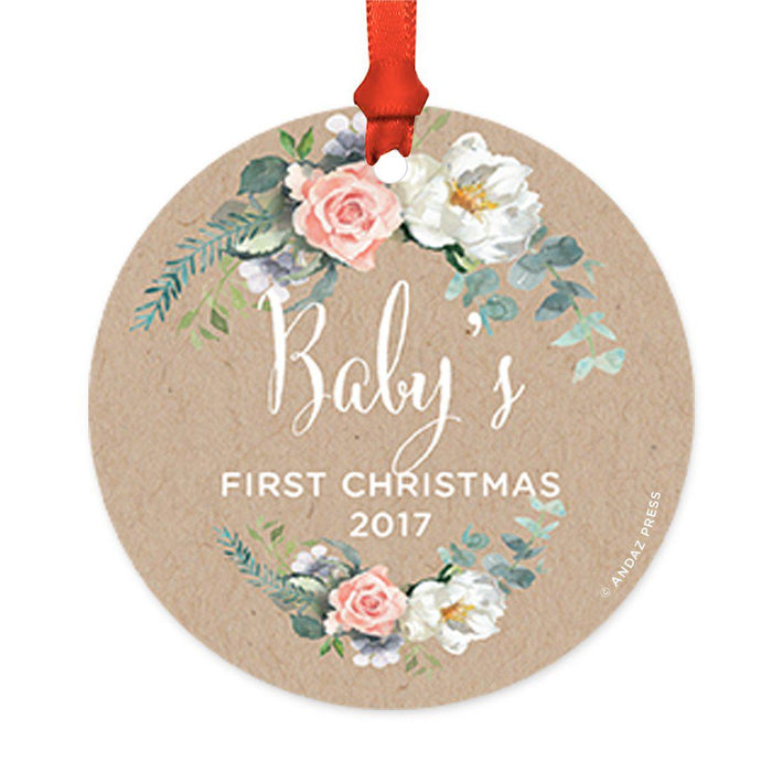 Custom Round Metal Christmas Tree Ornament, Baby's First Christmas, Includes Ribbon and Gift Bag-Set of 1-Andaz Press-Peach Kraft Brown Rustic Floral-