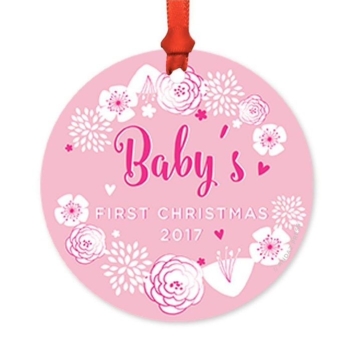 Custom Round Metal Christmas Tree Ornament, Baby's First Christmas, Includes Ribbon and Gift Bag-Set of 1-Andaz Press-Pink Fuchsia Floral-