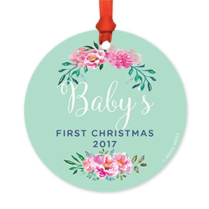 Custom Round Metal Christmas Tree Ornament, Baby's First Christmas, Includes Ribbon and Gift Bag-Set of 1-Andaz Press-Pink Peonies Floral-