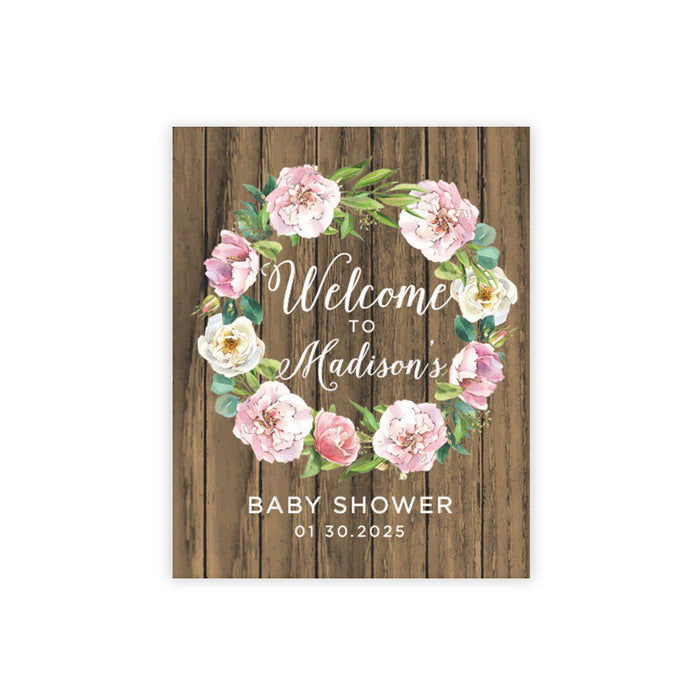 Custom Rustic Woodland Baby Shower Canvas Welcome Signs-Set of 1-Andaz Press-Rustic Wood Pastel Peonies Wreath-