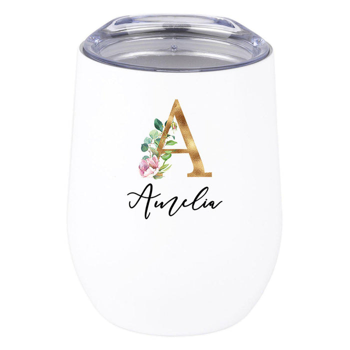 Custom Stainless Steel Stemless Insulated 12 oz Wine Tumbler with Lid Gift for Travel-Set of 1-Andaz Press-Floral Custom Monogram Name-