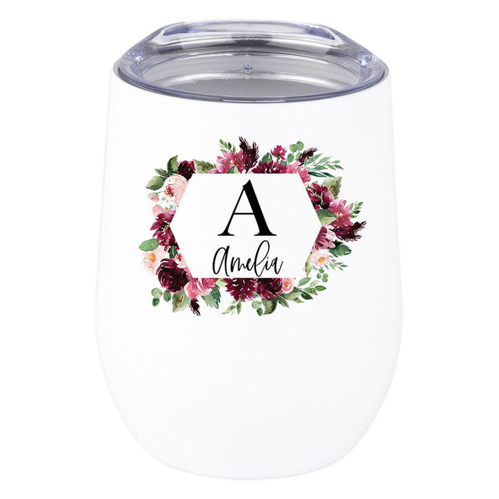 Custom Stainless Steel Stemless Insulated 12 oz Wine Tumbler with Lid Gift for Travel-Set of 1-Andaz Press-Floral Geometric Frame-
