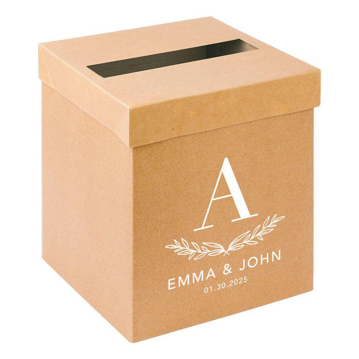 Custom Sturdy Rustic Card Box for Wedding Natural Kraft with White Text-Set of 1-Andaz Press-Monogram with Leaf Stems-