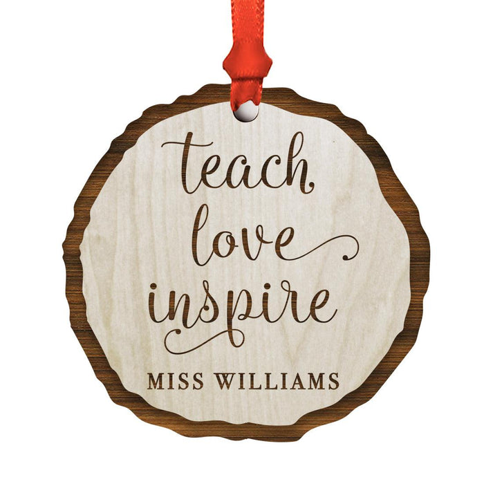 Custom Teacher's Name Engraved Real Natural Wood Christmas Ornament-Set of 1-Andaz Press-Teach Love Inspire-
