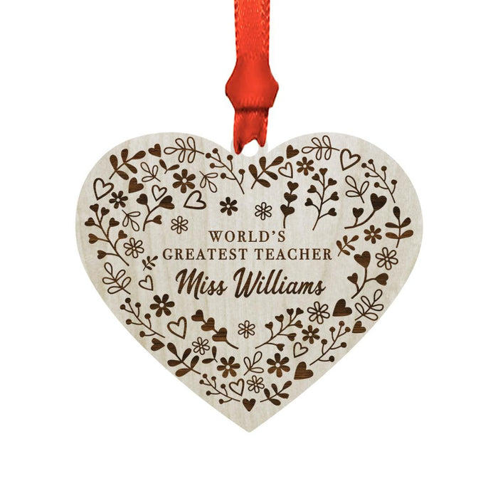 Custom Teacher's Name Engraved Real Natural Wood Christmas Ornament-Set of 1-Andaz Press-Teacher Fancy Heart-